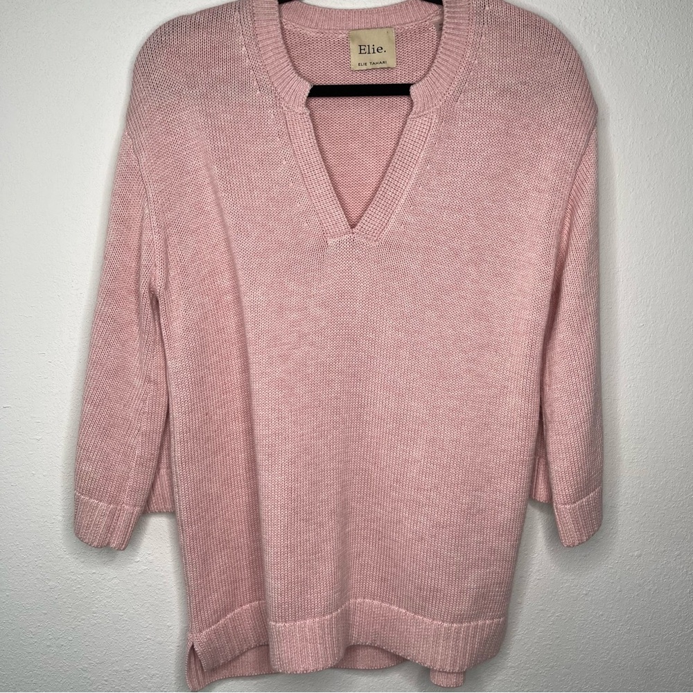 Elie Tahari Sweater‎ Woman Medium V Neck Oversized Pink 3/4 Sleeve Wool Blend